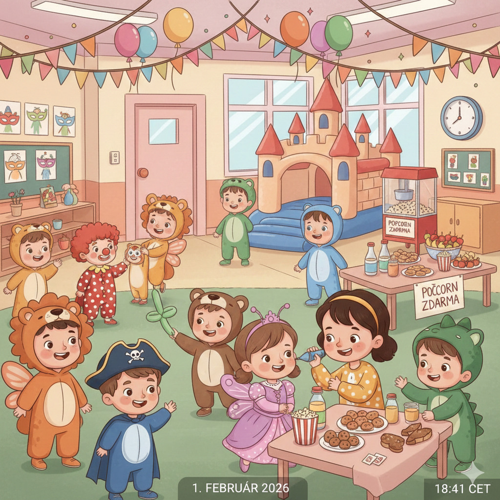 Cartoon children in costumes at a classroom carnival with balloons, treats, and a play castle