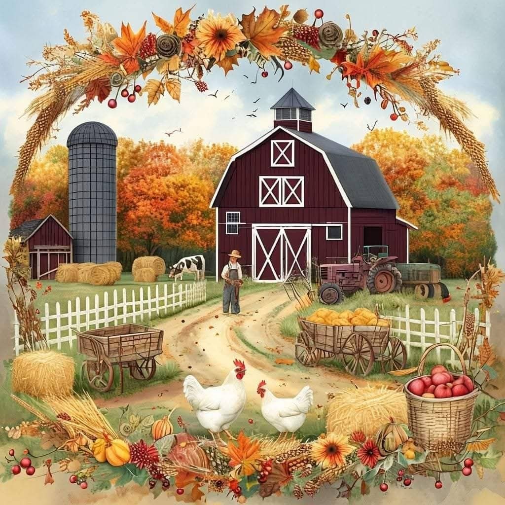 Red barn surrounded by autumn decorations, white chickens, pumpkins, hay bales, and colorful fall leaves