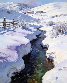Painting of a stream flowing through deep snow banks with cottages and fences on snowy hills