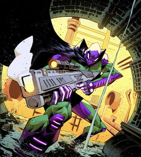 Comic illustration of armored villain in purple and green holding a large sci-fi gun with yellow moon behind