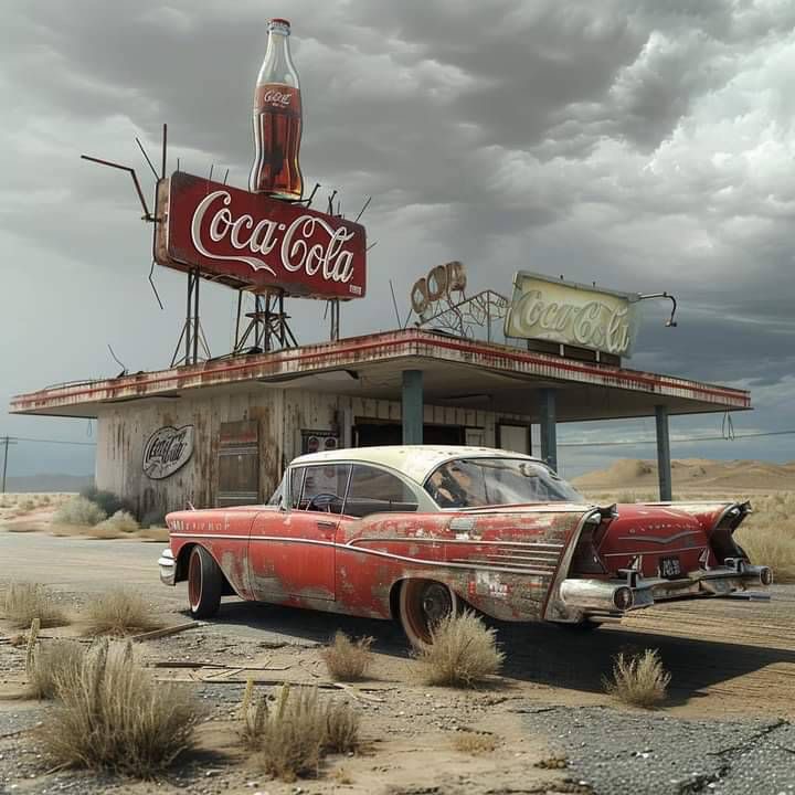 Weathered red vintage car parked beside an abandoned roadside diner under dark storm clouds