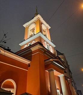Orange Church Tower at Dusk