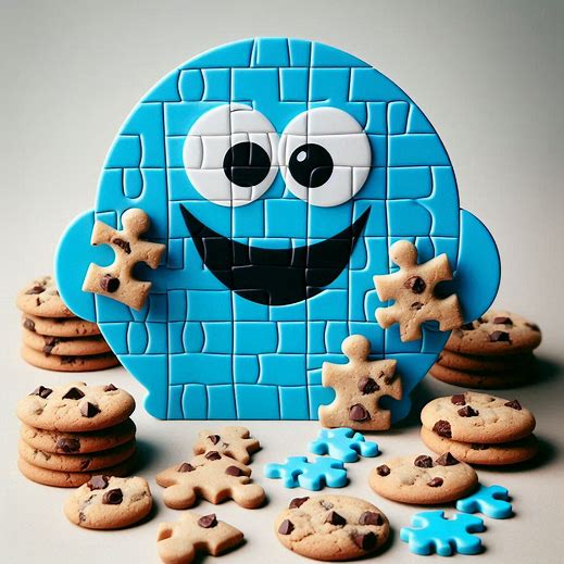 Blue cartoon puzzle character with big eyes surrounded by chocolate chip and puzzle-piece cookies