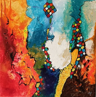 Abstract painting of guitar with orange, blue, yellow splashes and colorful mosaic tile pattern