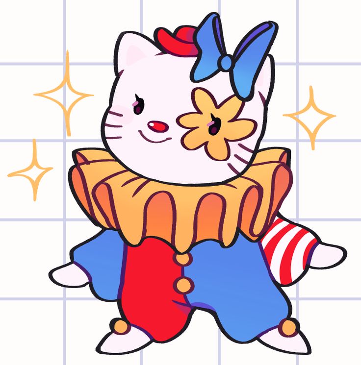 Cartoon white kitty in a clown costume with a bow, flower, and ruffled collar