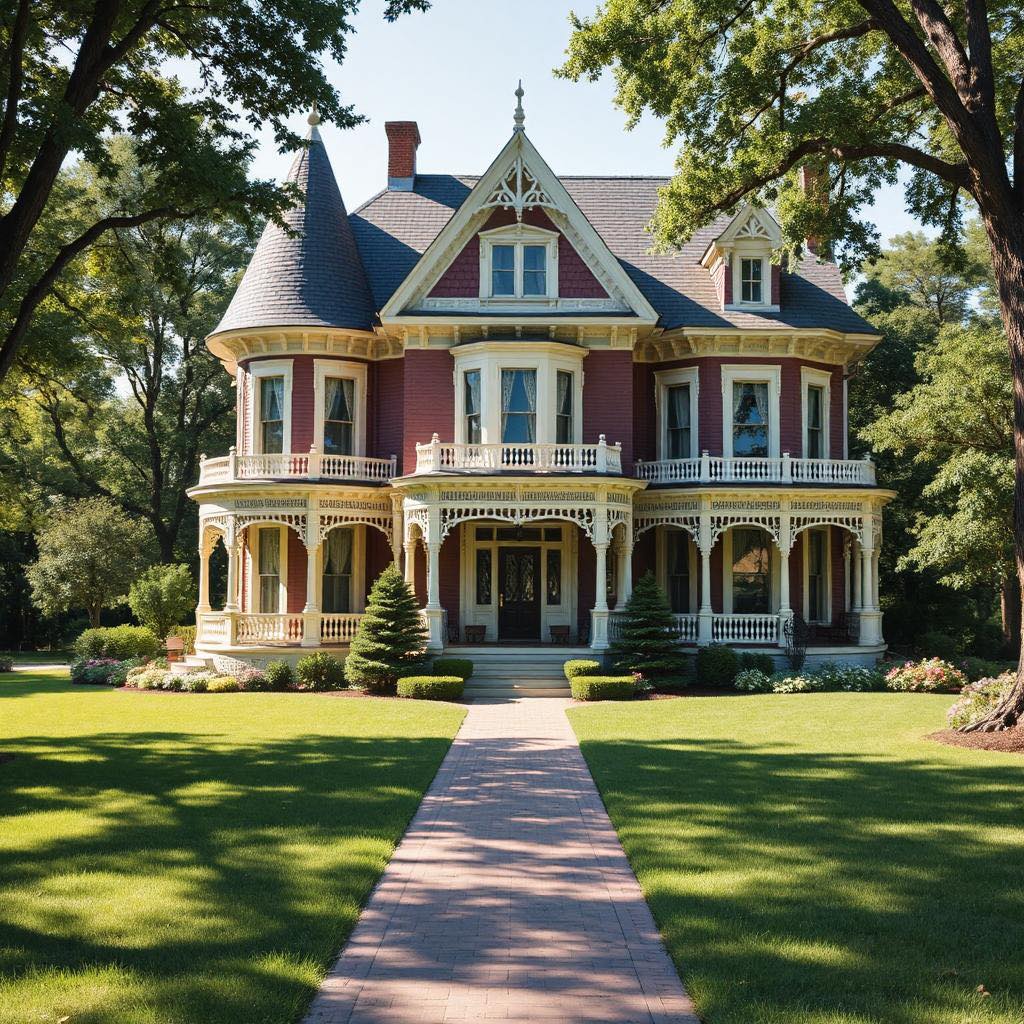 Victorian house with wraparound porch, green lawn, and trees