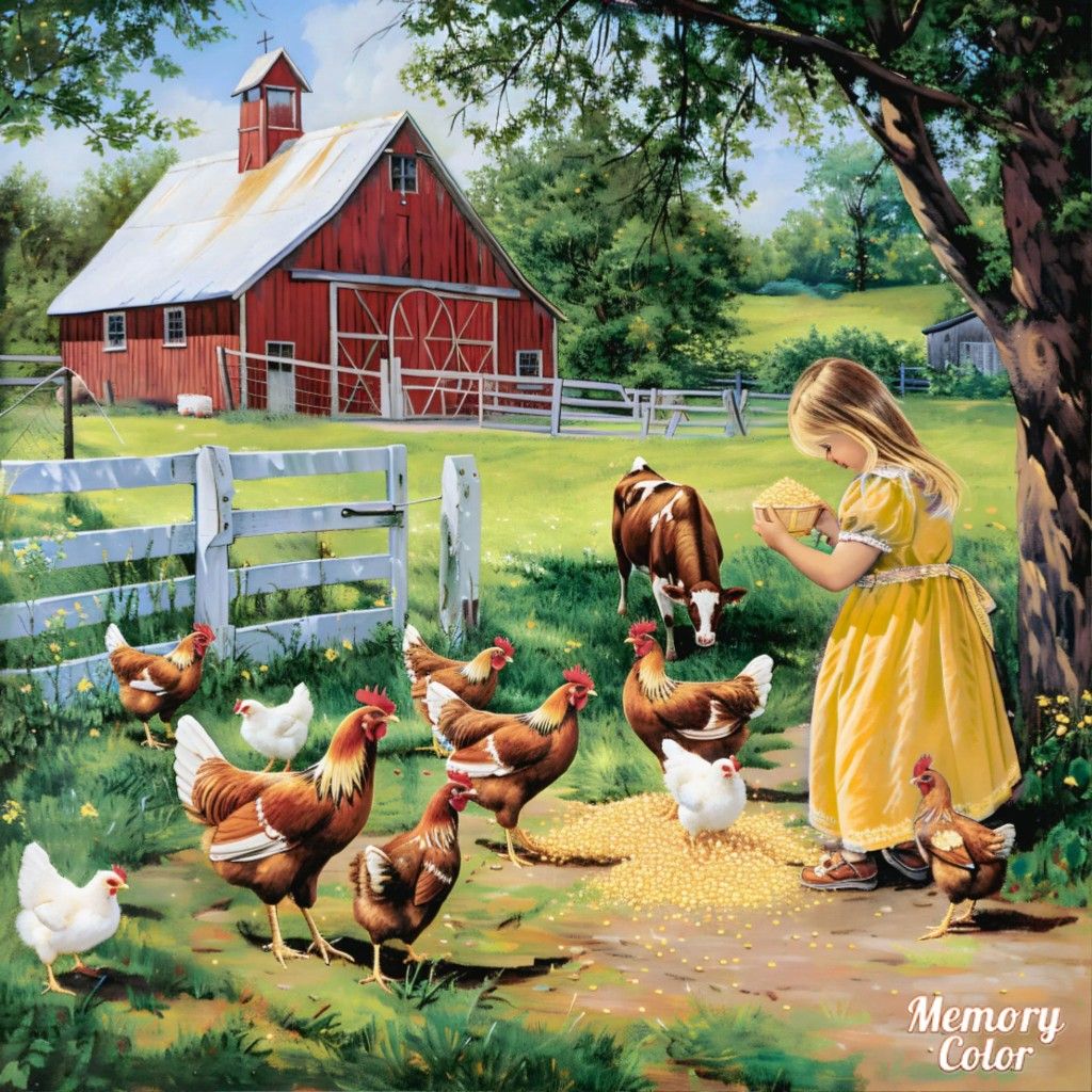 Girl in yellow dress scattering feed to chickens near red barn and white fence