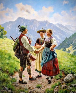 Oil painting of three people in traditional Alpine dress greeting on a mountain path with snow-capped peaks behind
