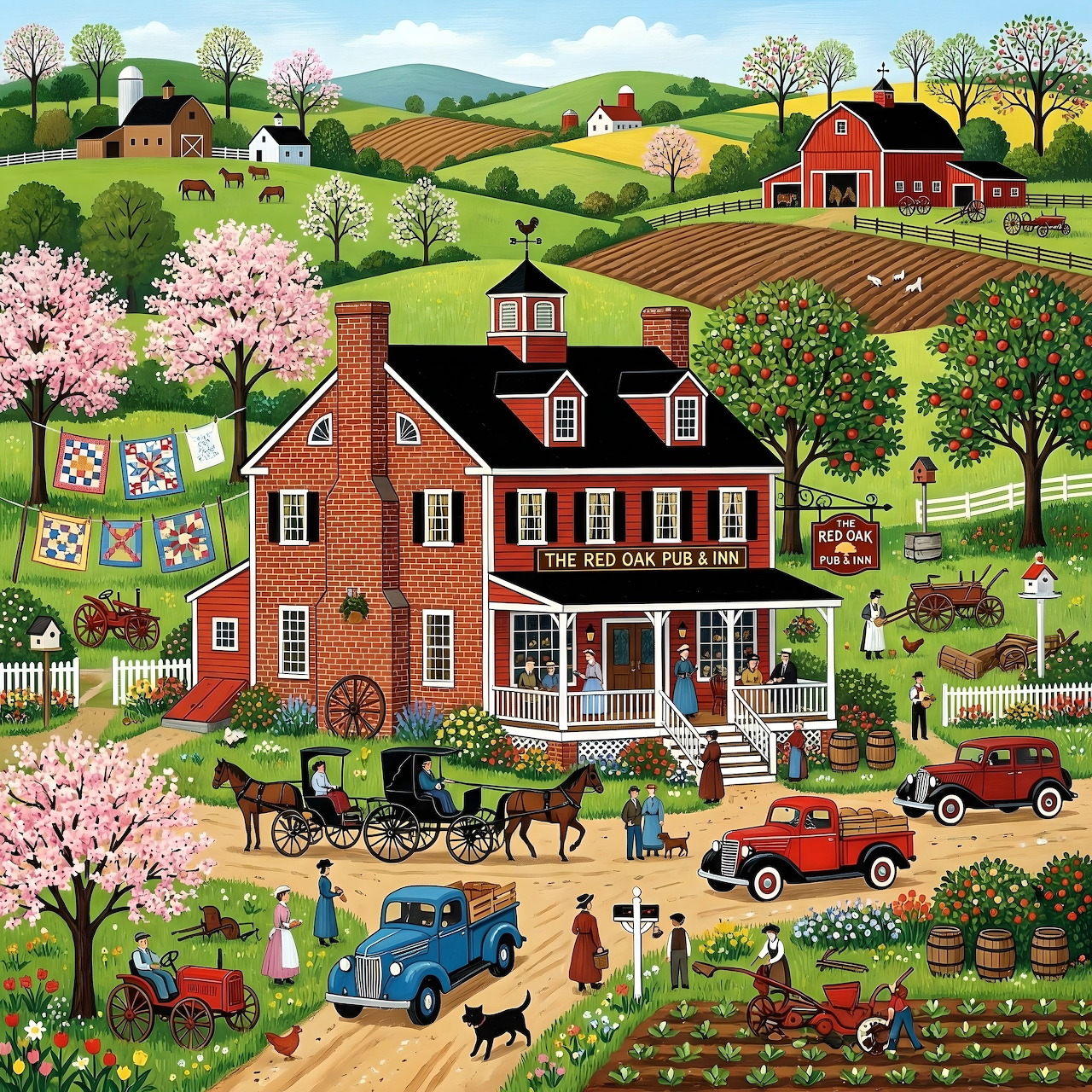 Folk art painting of red brick inn with carriage, vintage trucks, and blooming trees in countryside setting