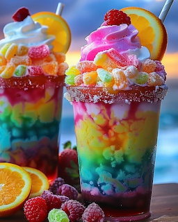 Two vibrant rainbow-layered dessert drinks with whipped cream, candies, and fruit garnishes