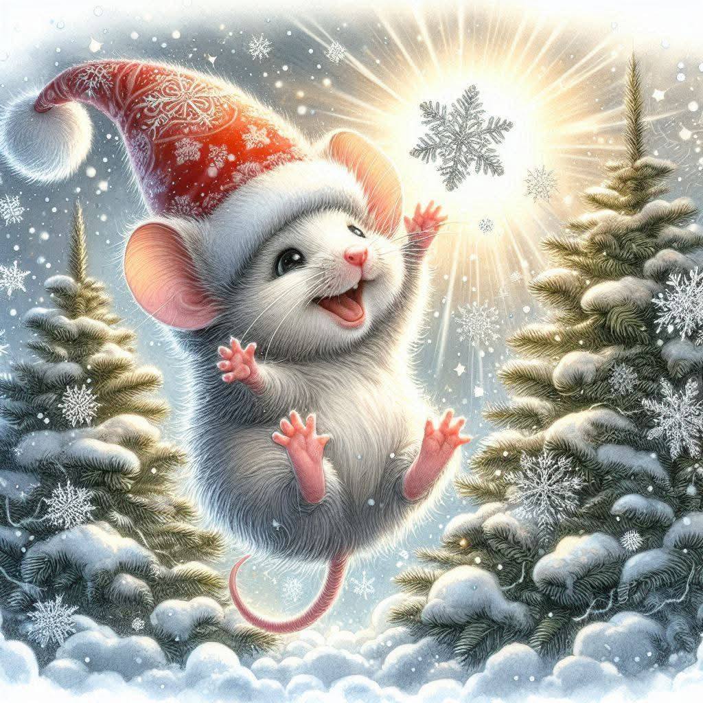 Cute white mouse in red Santa hat jumping in snowy forest scene with snowflakes and pine trees