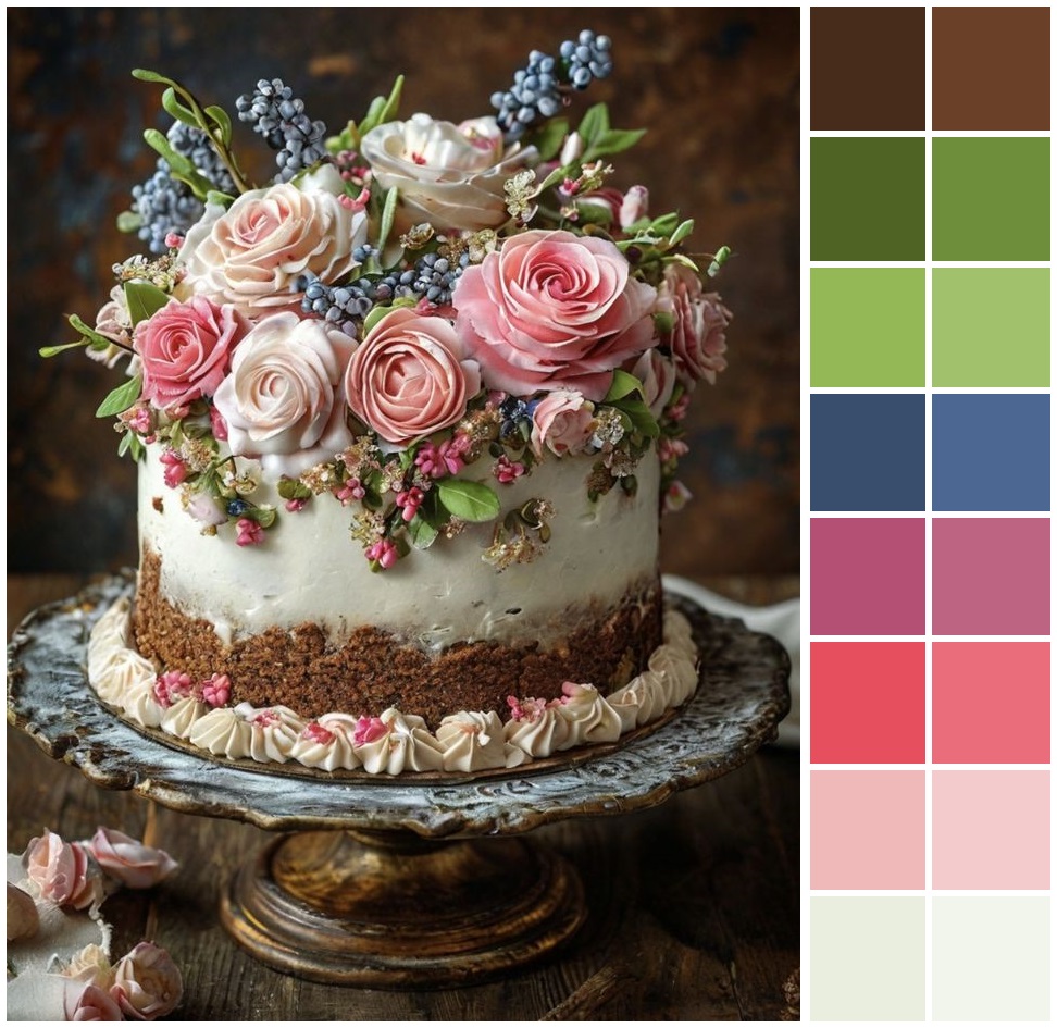 Decorated cake with roses and berries next to color palette swatches