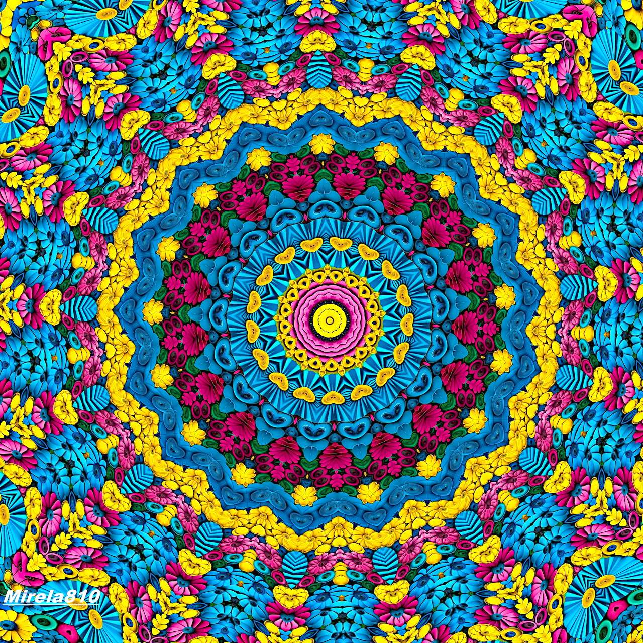 Colorful circular mandala with concentric rings of geometric floral patterns in blue, yellow, pink, and magenta