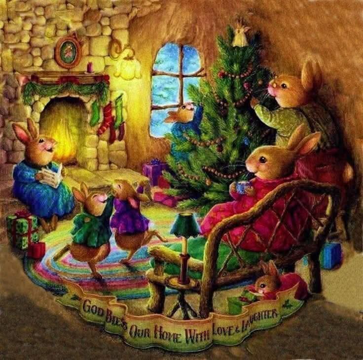 Illustration of a rabbit family gathered around a Christmas tree in a warm cozy room with fireplace and gifts