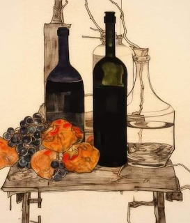 Still life painting with two dark bottles, grapes, oranges, and glass decanters on a small table