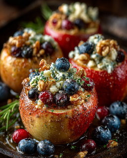 Three baked apples stuffed with berries, nuts and crumble, garnished with rosemary on dark wooden board