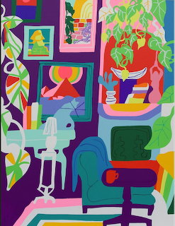 Colorful illustration of room interior with geometric wall art, teal chair, green plant, and vibrant purple floor