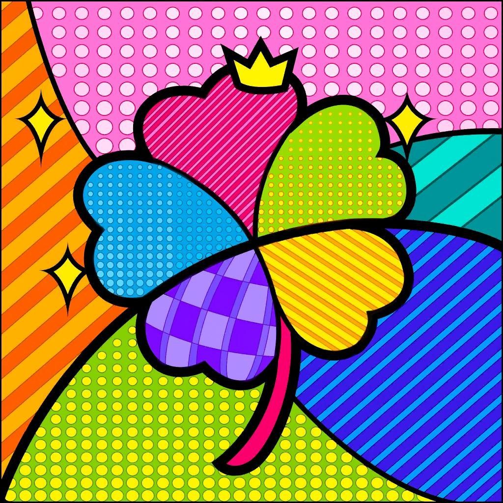 Colorful pop art clover with crown, halftone dots and diagonal stripes on bright patterned background