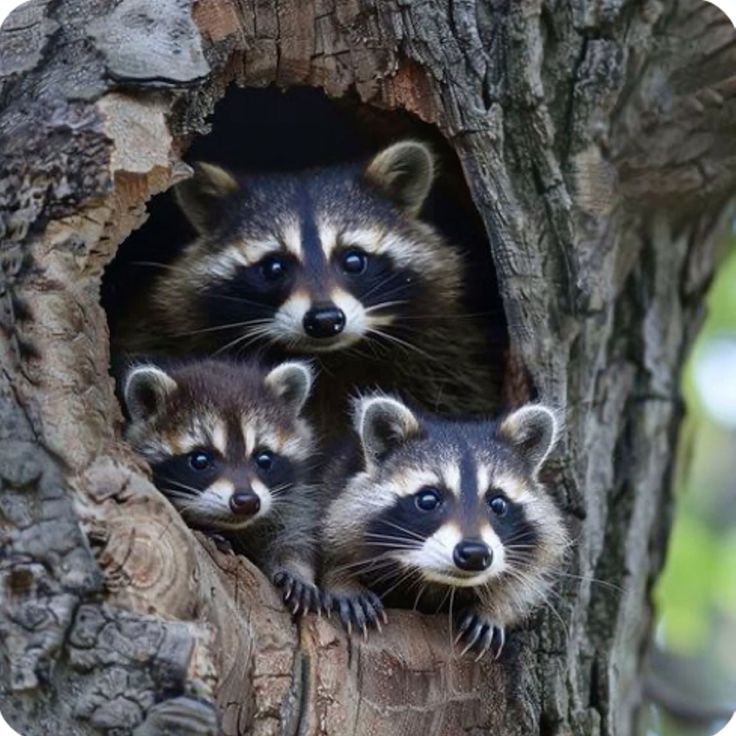 Three raccoons looking out from a hollow in a tree trunk