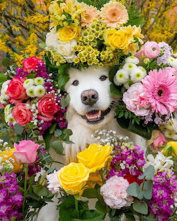White Samoyed dog smiling among vibrant pink, yellow, and purple flowers