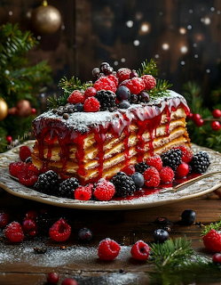 Layered berry cake slice with powdered sugar, chocolate topping, and raspberries, blackberries, and blueberries