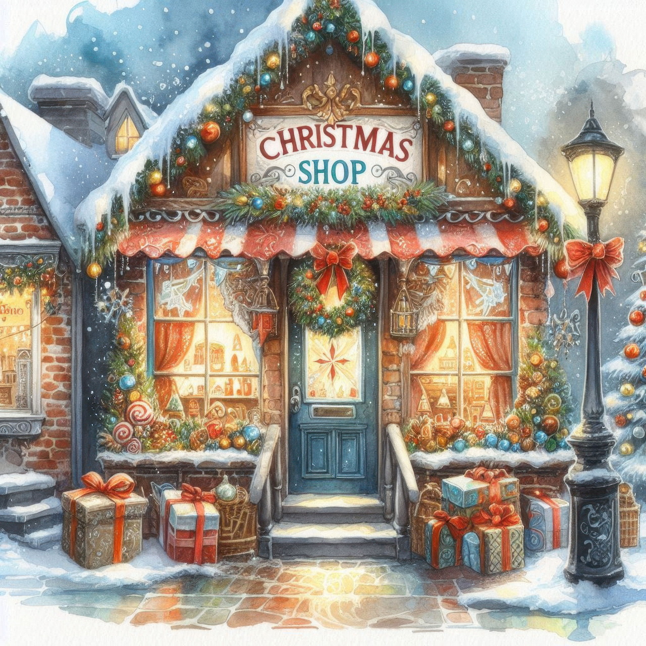 Festive Christmas shop with decorated facade, snow-covered roof, warm glowing windows, and gift boxes outside