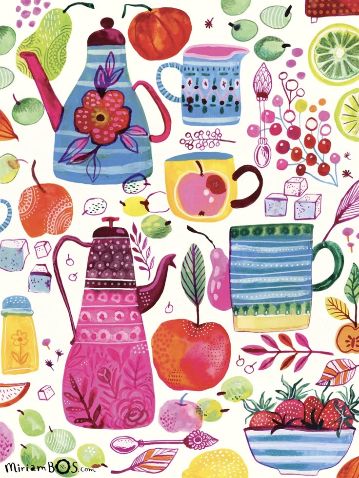 Colorful kitchen illustration with teapots, mugs, fruit, utensils, and floral decor