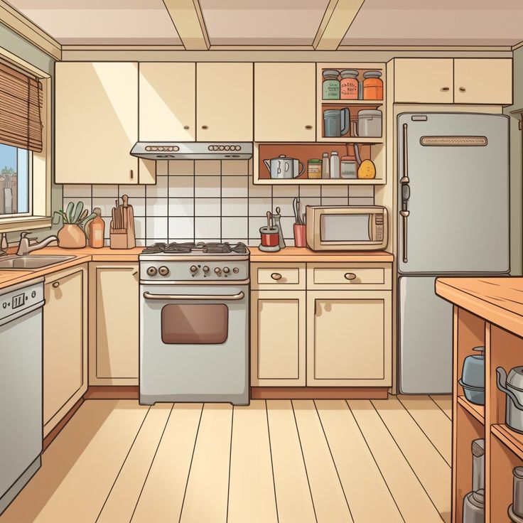 Illustrated kitchen interior with stove, sink, cabinets, refrigerator, microwave, and wooden counter