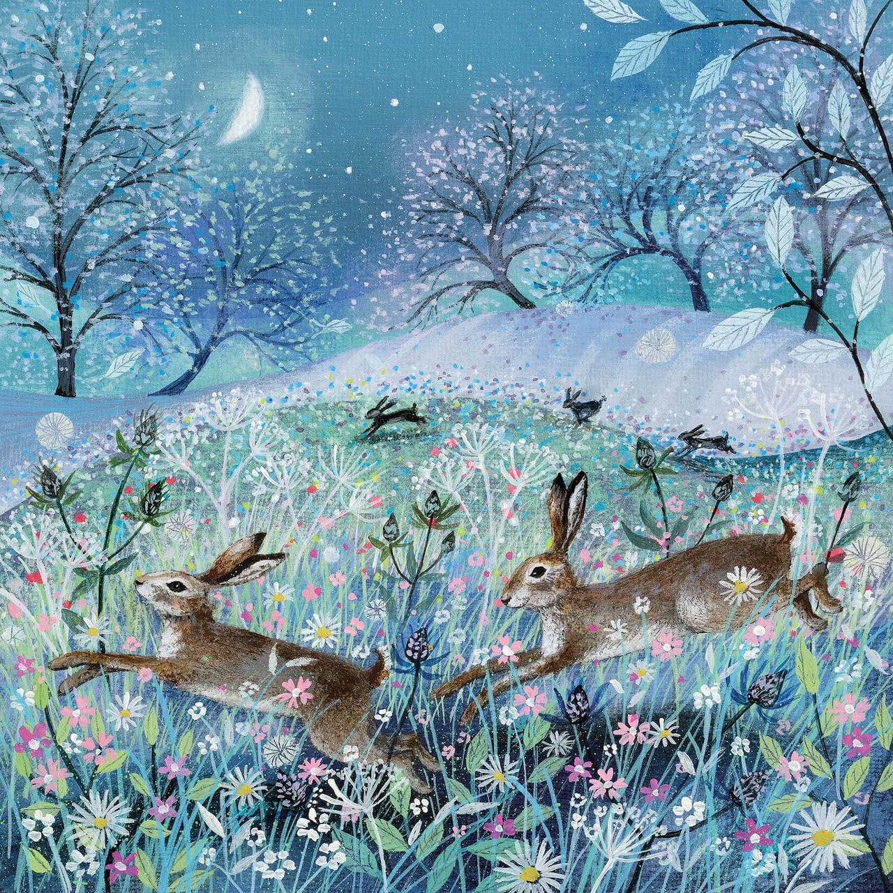Hares running through a sparkling flower field beneath a starry sky with crescent moon and winter trees