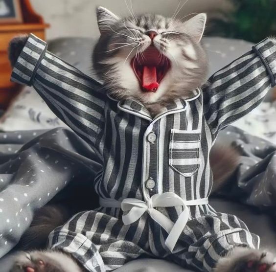 Gray and white kitten yawning in striped pajamas with paws stretched out