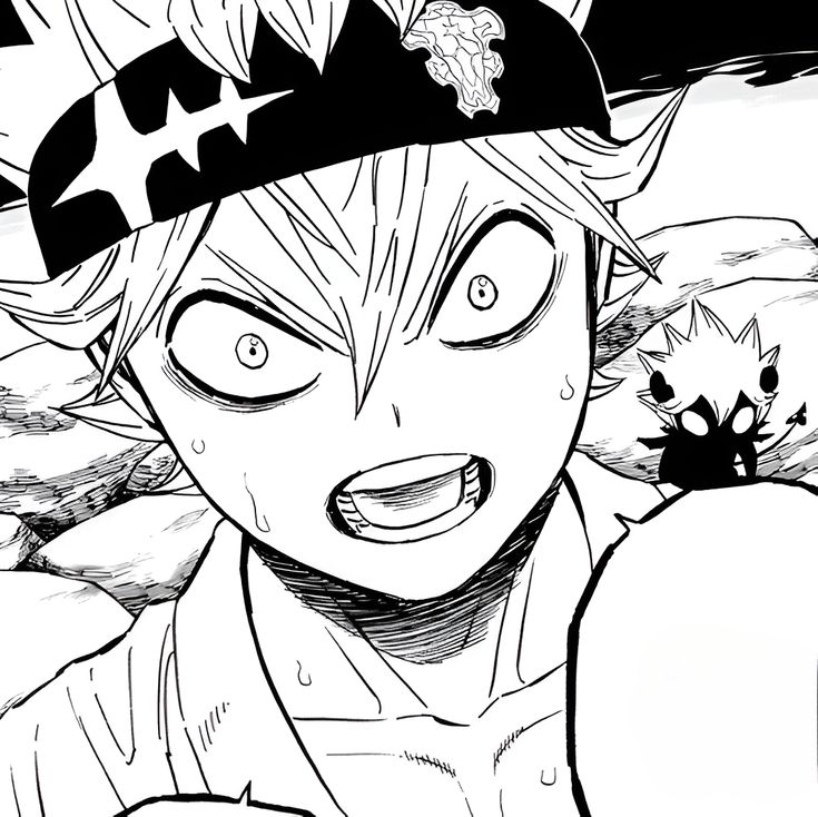Black-and-white manga close-up of Asta shouting with a headband and a small creature on his shoulder