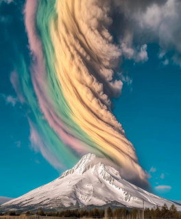 Vibrant rainbow clouds swirling over snowy mountain peak under turquoise sky