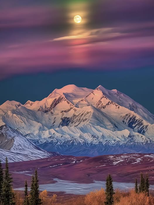 Denali mountain with snowy peak above autumn tundra in Alaska
