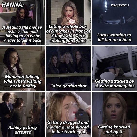 3x3 collage of dark TV scene screenshots with white text captions on each image