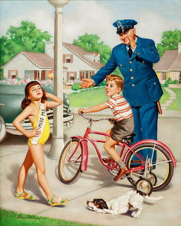 Police officer helping boy with bicycle while girl and dog watch in vintage suburban street scene