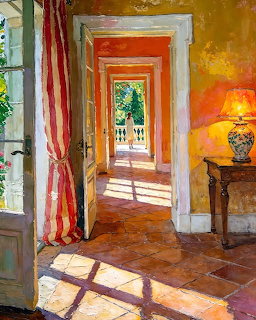 Painting of a sunlit interior hallway with striped curtains, open doors, and a lamp on a side table