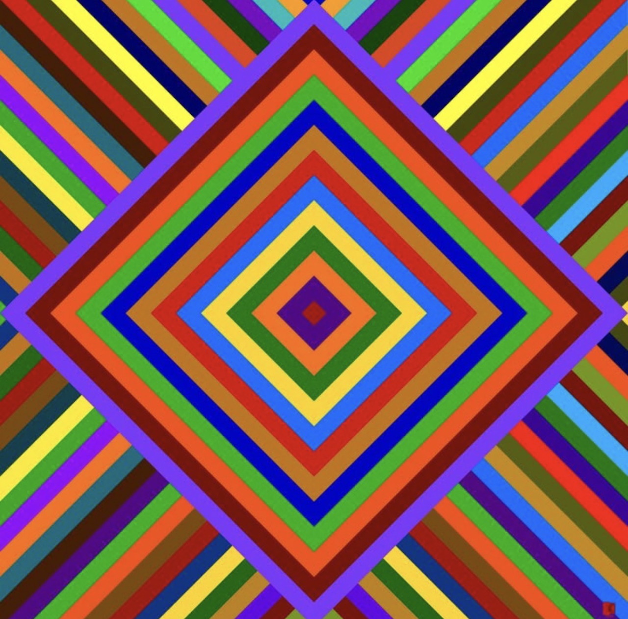 Concentric rainbow-colored diamond squares radiating outward in symmetrical geometric pattern on dark background