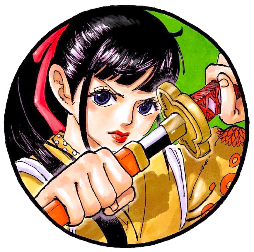 Anime character with black hair in yellow jacket holding golden object in circular frame