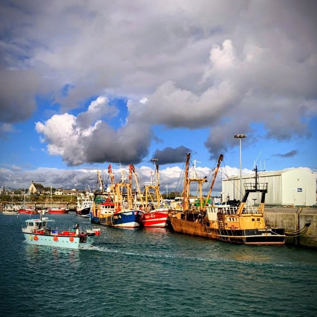 Fishing boats moored in a harbor beneath large cloudy skies