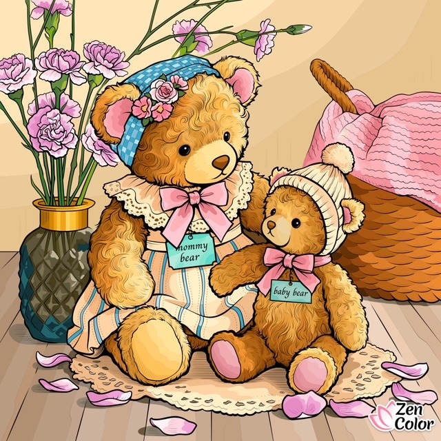 Illustrated teddy bears in bonnets sitting by pink flowers and a wicker basket