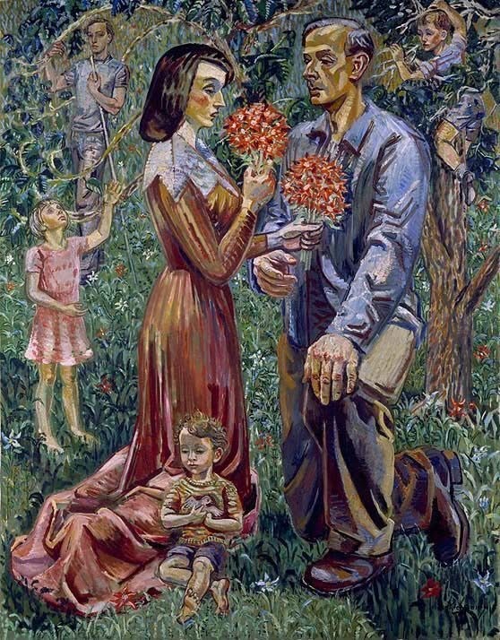 Painting of a man and woman in a garden with flowers and children