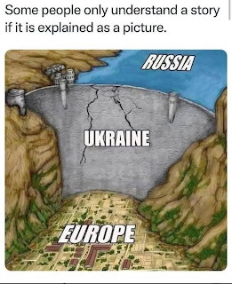 Illustrated map scene labeled Europe, Ukraine, and Russia with cliffs and a narrow passage