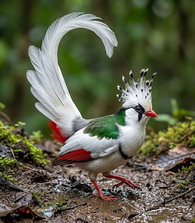White crested bird with green wings and red feet on mossy forest ground