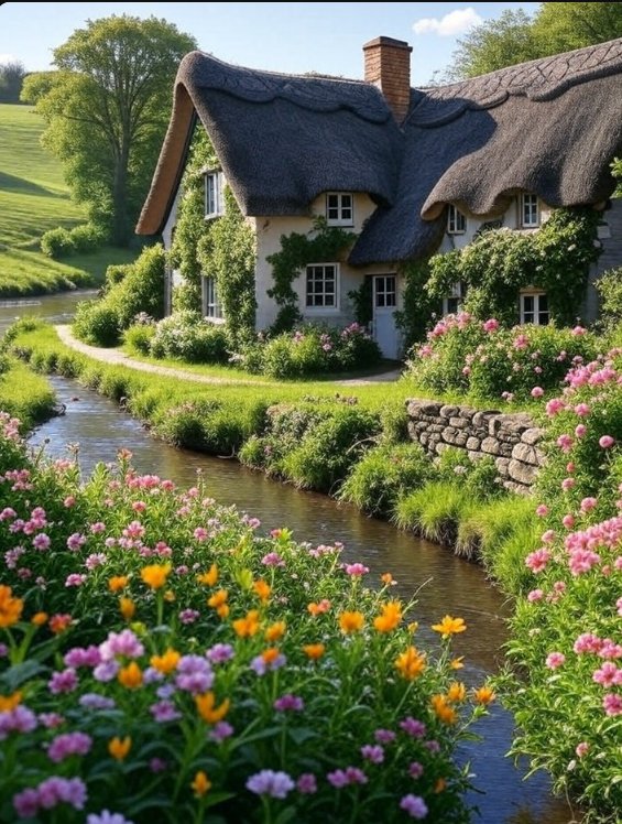 Thatched cottage with colorful flower garden and stream in English countryside