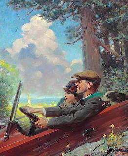 Man and woman in 1920s attire driving red car under large tree with blue sky and clouds