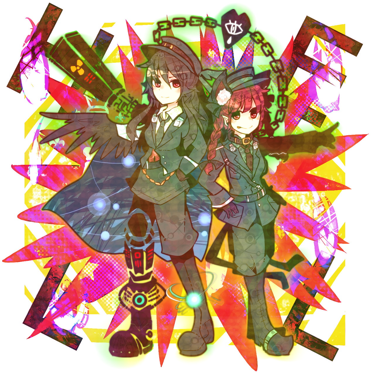 Anime-style artwork of two girls in dark uniforms with colorful abstract shapes and chains behind them