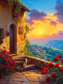 Cat on Tuscan villa terrace at sunrise with flowers and countryside view