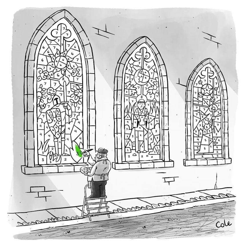 Black-and-white drawing of a painter on a ladder below three stained glass windows