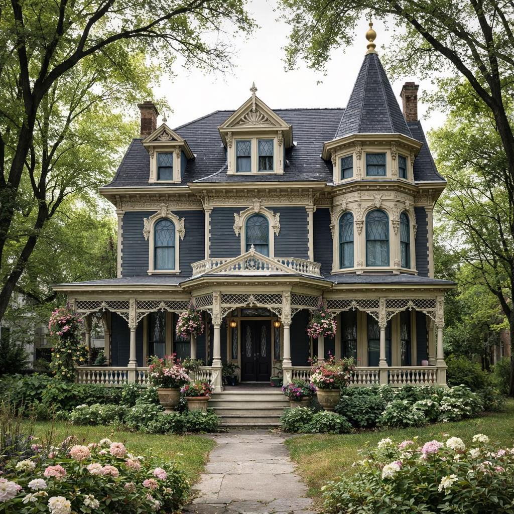 Blue Victorian house with ornate porch and flower garden in front