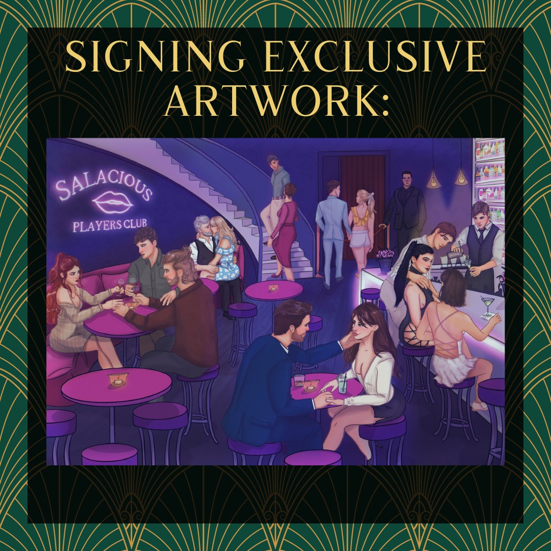 Illustrated nightclub scene with people at tables and bar in purple and pink lighting